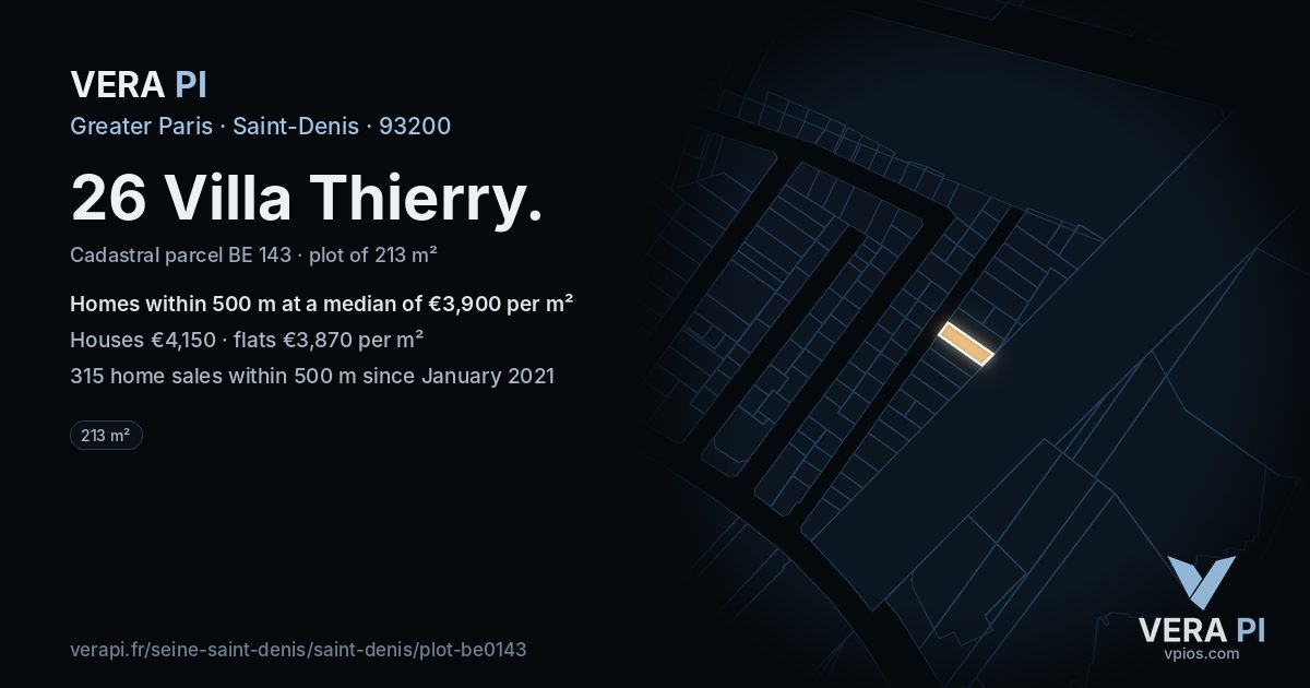 26 Villa Thierry, Saint-Denis at night – the plot lit, the parcels around coloured by the prices near them