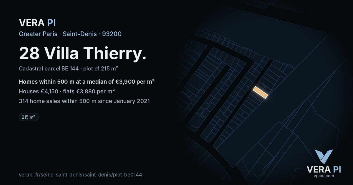 28 Villa Thierry, Saint-Denis at night – the plot lit, the parcels around coloured by the prices near them