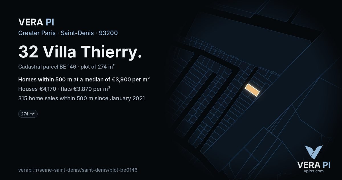 32 Villa Thierry, Saint-Denis at night – the plot lit, the parcels around coloured by the prices near them