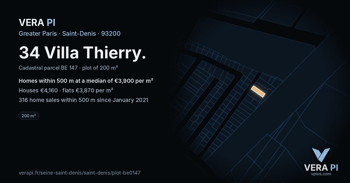 34 Villa Thierry, Saint-Denis at night – the plot lit, the parcels around coloured by the prices near them