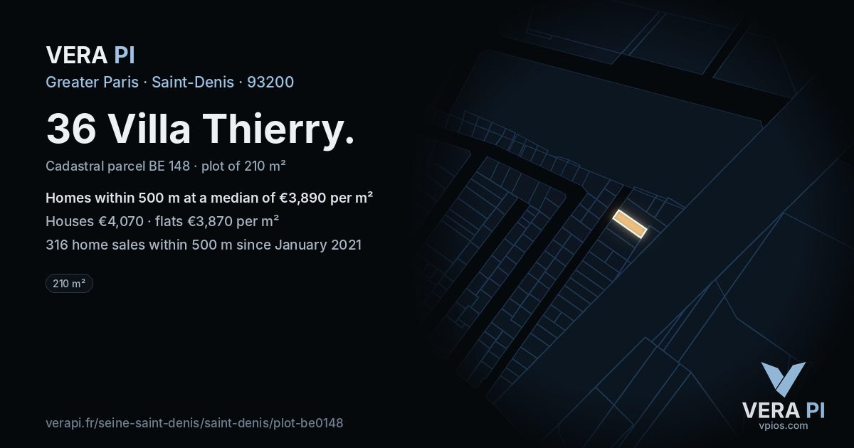 36 Villa Thierry, Saint-Denis at night – the plot lit, the parcels around coloured by the prices near them