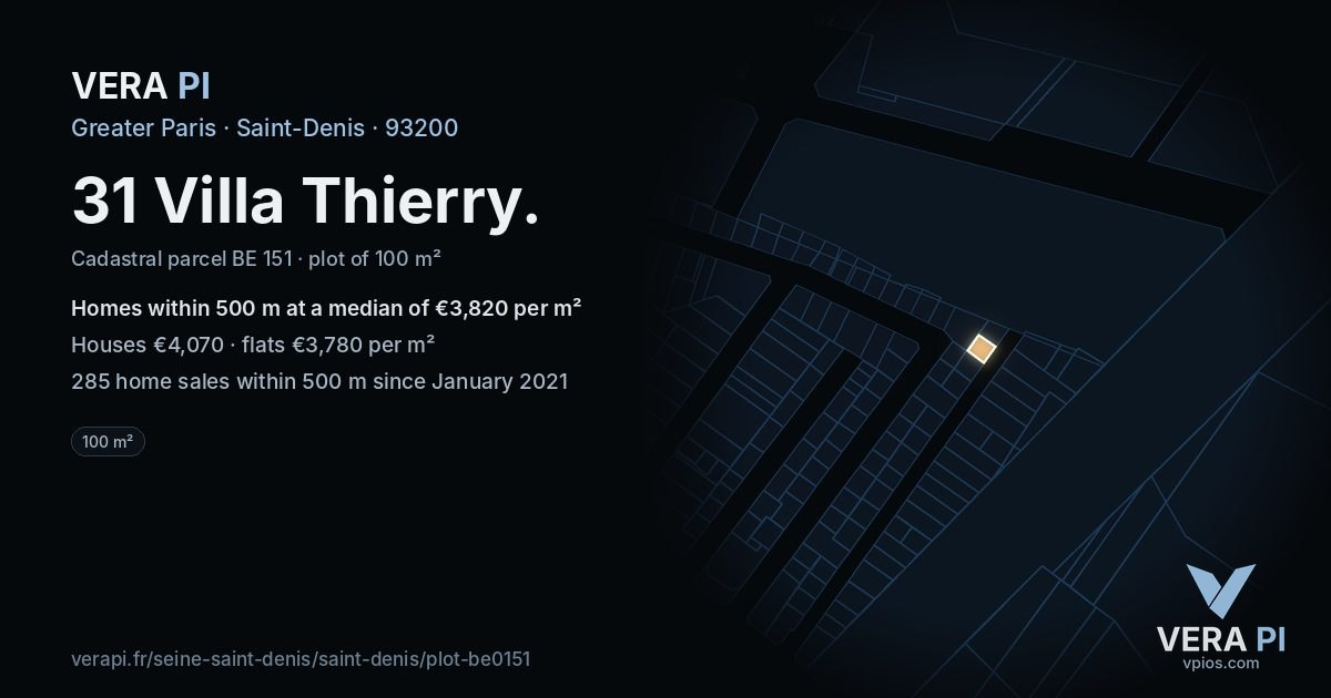 31 Villa Thierry, Saint-Denis at night – the plot lit, the parcels around coloured by the prices near them