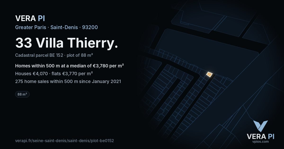 33 Villa Thierry, Saint-Denis at night – the plot lit, the parcels around coloured by the prices near them