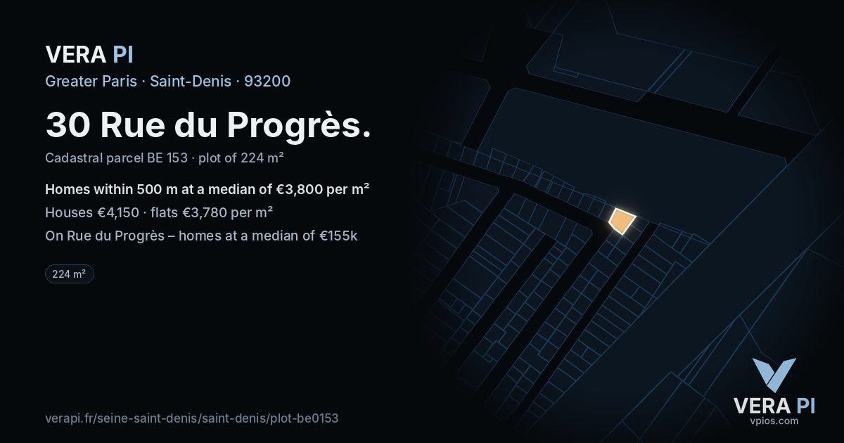 30 Rue du Progrès, Saint-Denis at night – the plot lit, the parcels around coloured by the prices near them