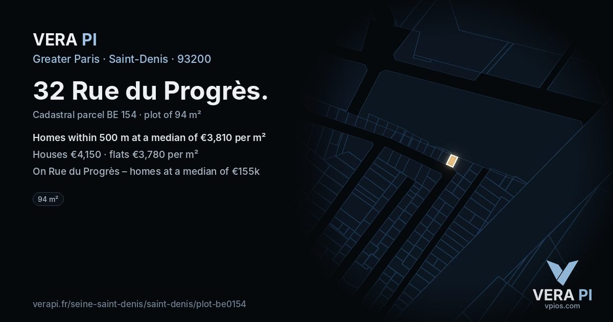 32 Rue du Progrès, Saint-Denis at night – the plot lit, the parcels around coloured by the prices near them