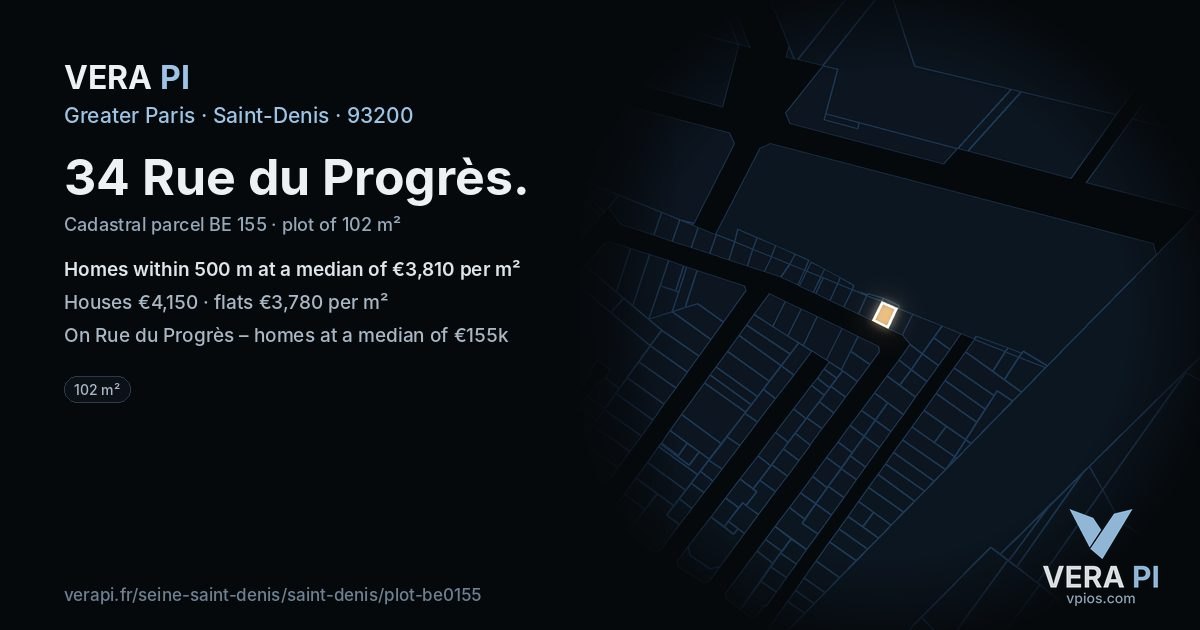 34 Rue du Progrès, Saint-Denis at night – the plot lit, the parcels around coloured by the prices near them