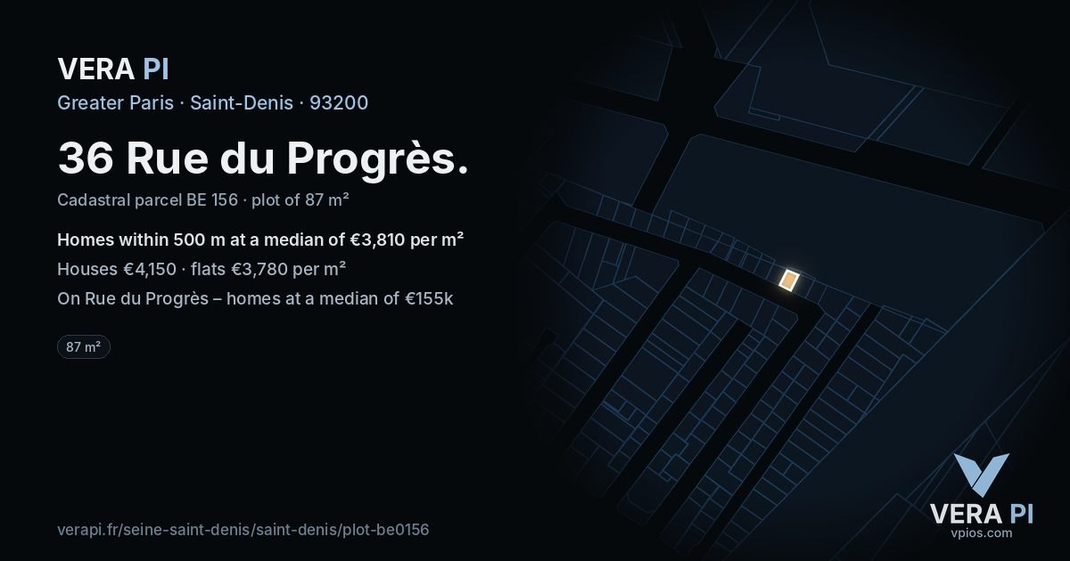 36 Rue du Progrès, Saint-Denis at night – the plot lit, the parcels around coloured by the prices near them