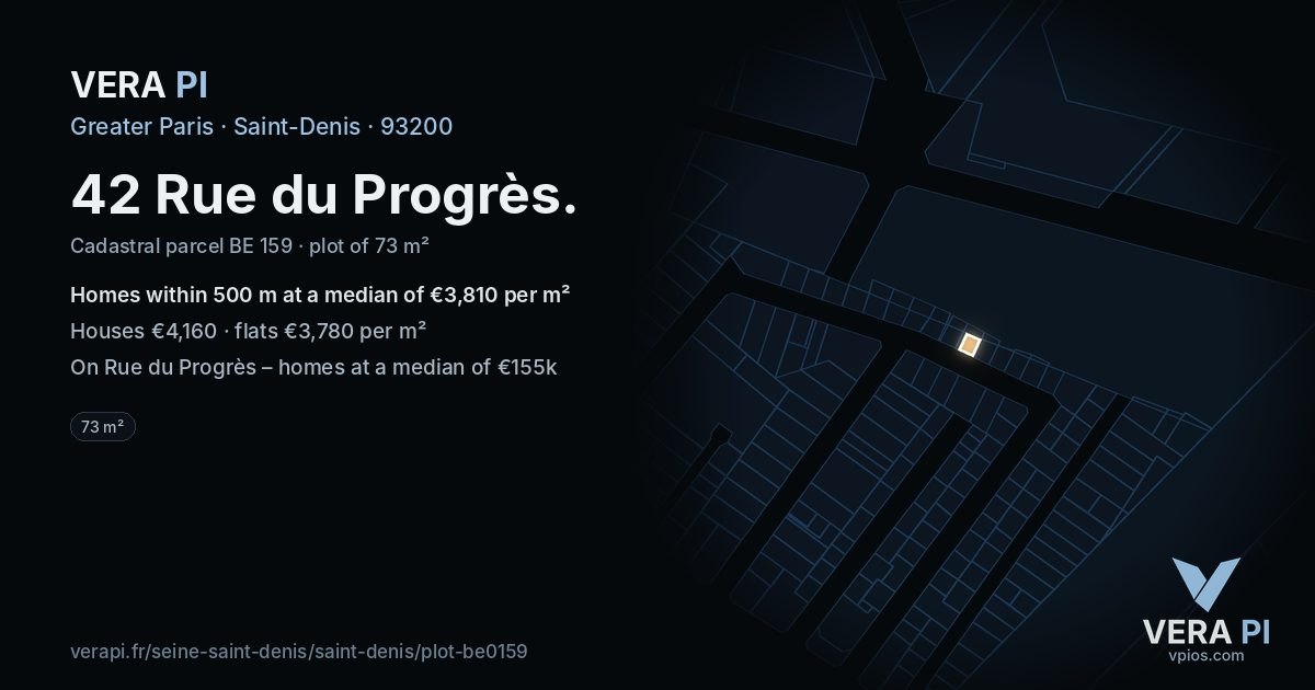 42 Rue du Progrès, Saint-Denis at night – the plot lit, the parcels around coloured by the prices near them