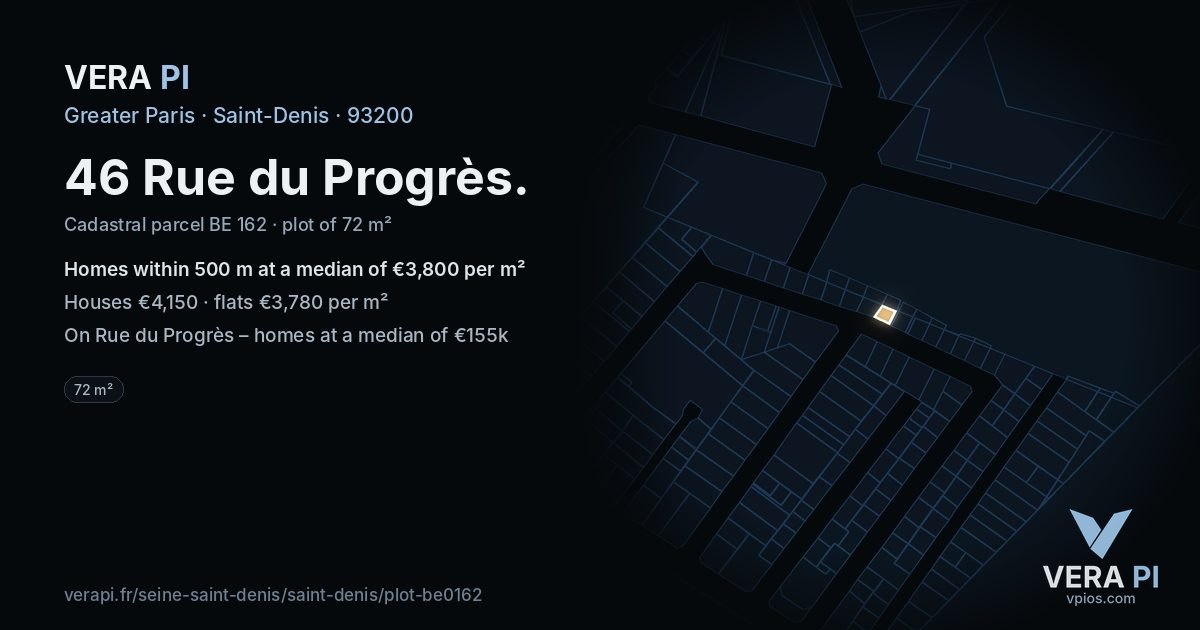 46 Rue du Progrès, Saint-Denis at night – the plot lit, the parcels around coloured by the prices near them