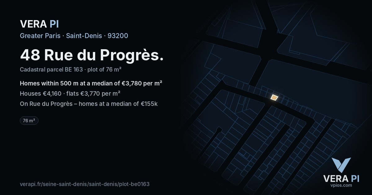 48 Rue du Progrès, Saint-Denis at night – the plot lit, the parcels around coloured by the prices near them