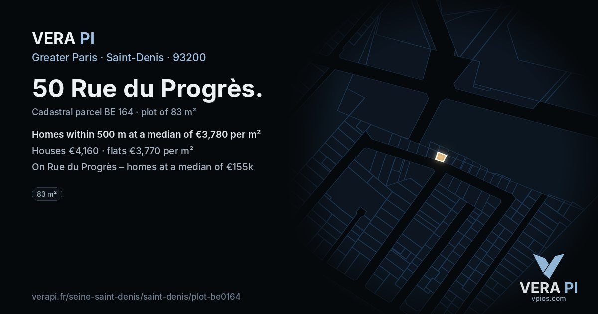 50 Rue du Progrès, Saint-Denis at night – the plot lit, the parcels around coloured by the prices near them