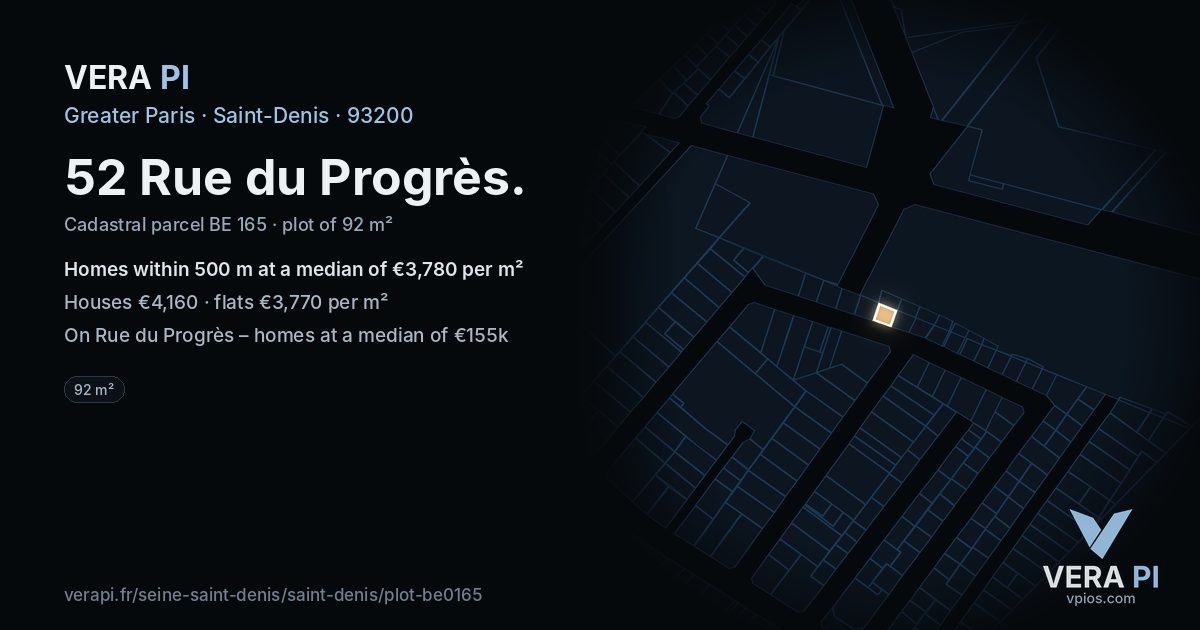 52 Rue du Progrès, Saint-Denis at night – the plot lit, the parcels around coloured by the prices near them