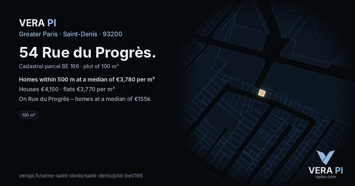54 Rue du Progrès, Saint-Denis at night – the plot lit, the parcels around coloured by the prices near them