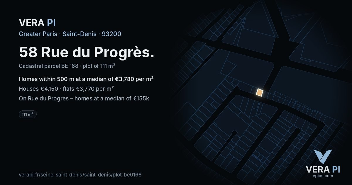 58 Rue du Progrès, Saint-Denis at night – the plot lit, the parcels around coloured by the prices near them