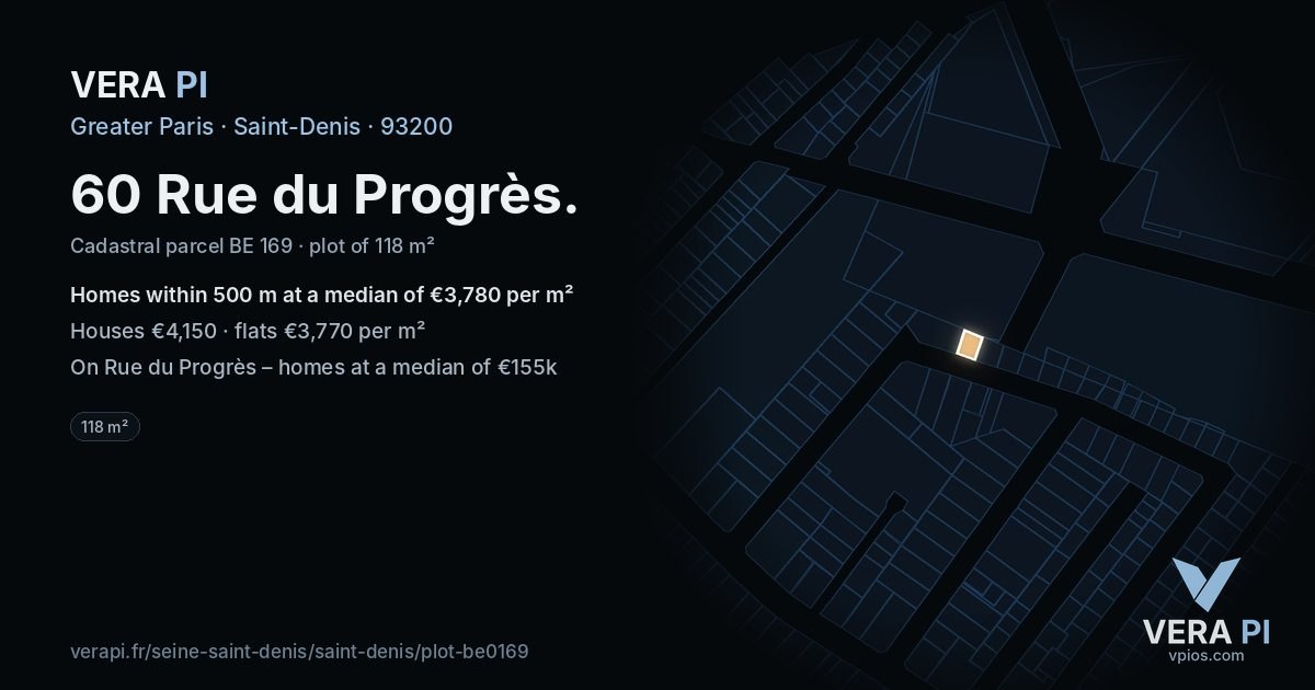60 Rue du Progrès, Saint-Denis at night – the plot lit, the parcels around coloured by the prices near them