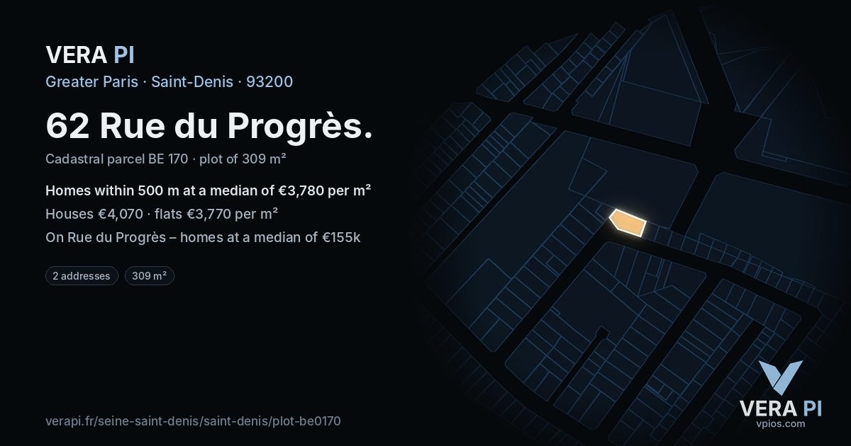 62 Rue du Progrès, Saint-Denis at night – the plot lit, the parcels around coloured by the prices near them