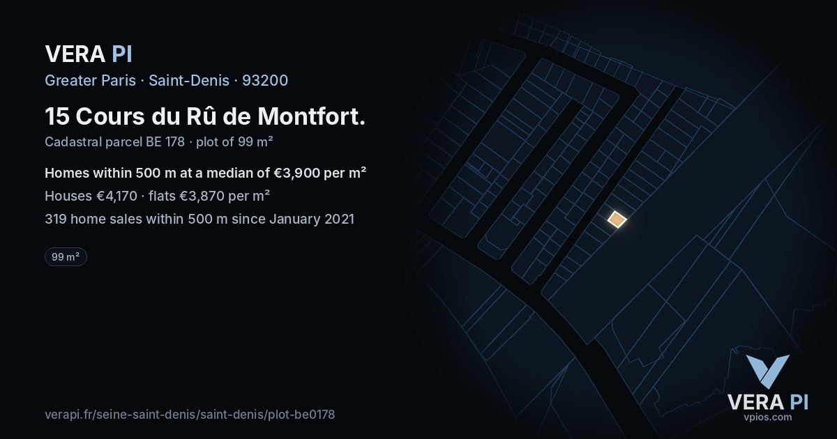 15 Cours du Rû de Montfort, Saint-Denis at night – the plot lit, the parcels around coloured by the prices near them