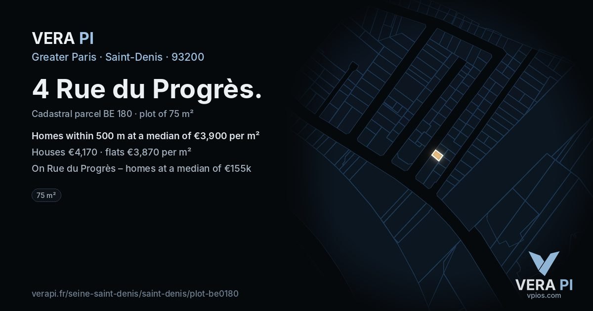 4 Rue du Progrès, Saint-Denis at night – the plot lit, the parcels around coloured by the prices near them