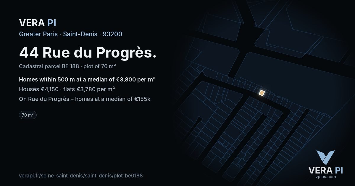 44 Rue du Progrès, Saint-Denis at night – the plot lit, the parcels around coloured by the prices near them