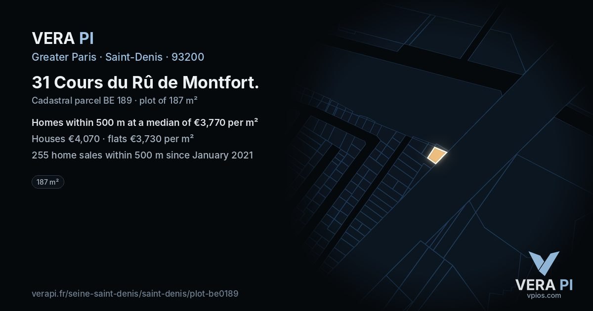 31 Cours du Rû de Montfort, Saint-Denis at night – the plot lit, the parcels around coloured by the prices near them