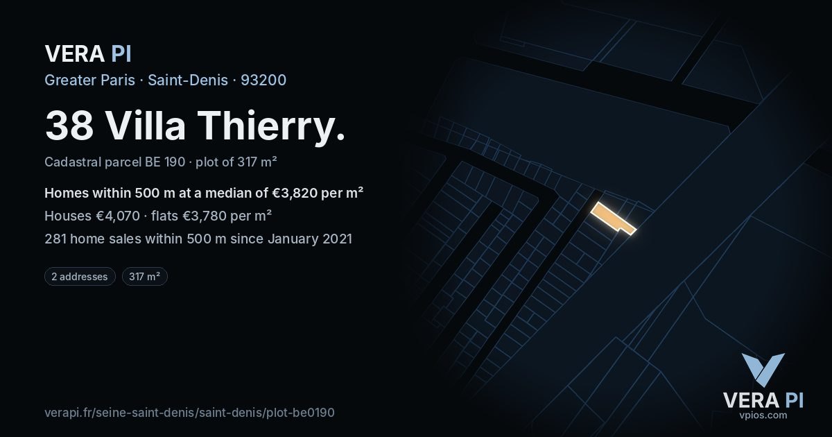 38 Villa Thierry, Saint-Denis at night – the plot lit, the parcels around coloured by the prices near them