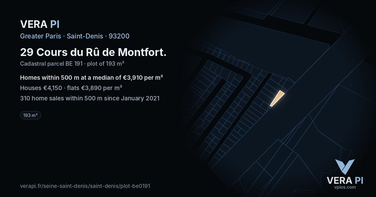 29 Cours du Rû de Montfort, Saint-Denis at night – the plot lit, the parcels around coloured by the prices near them