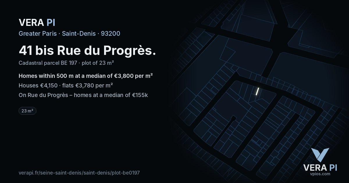 41 bis Rue du Progrès, Saint-Denis at night – the plot lit, the parcels around coloured by the prices near them