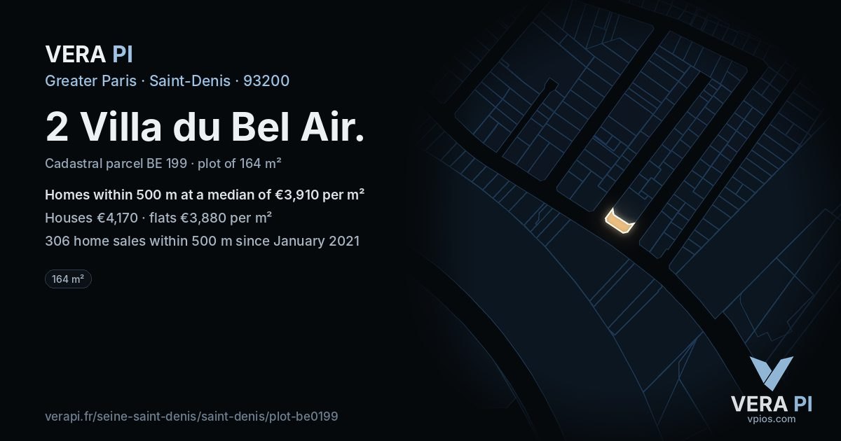 2 Villa du Bel Air, Saint-Denis at night – the plot lit, the parcels around coloured by the prices near them