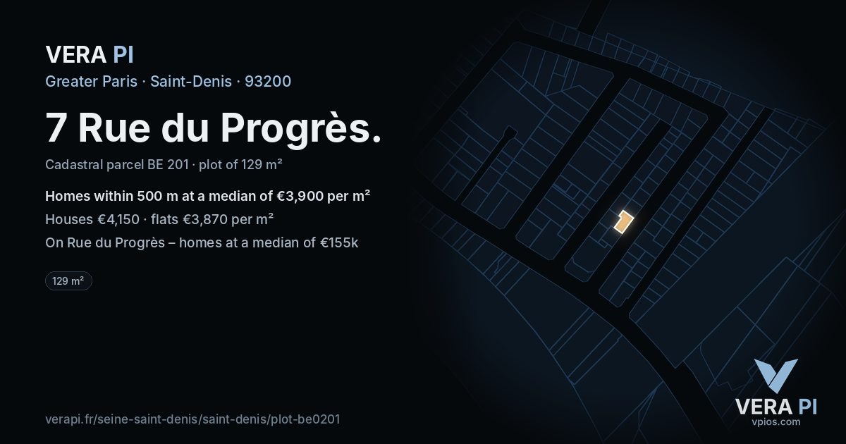7 Rue du Progrès, Saint-Denis at night – the plot lit, the parcels around coloured by the prices near them
