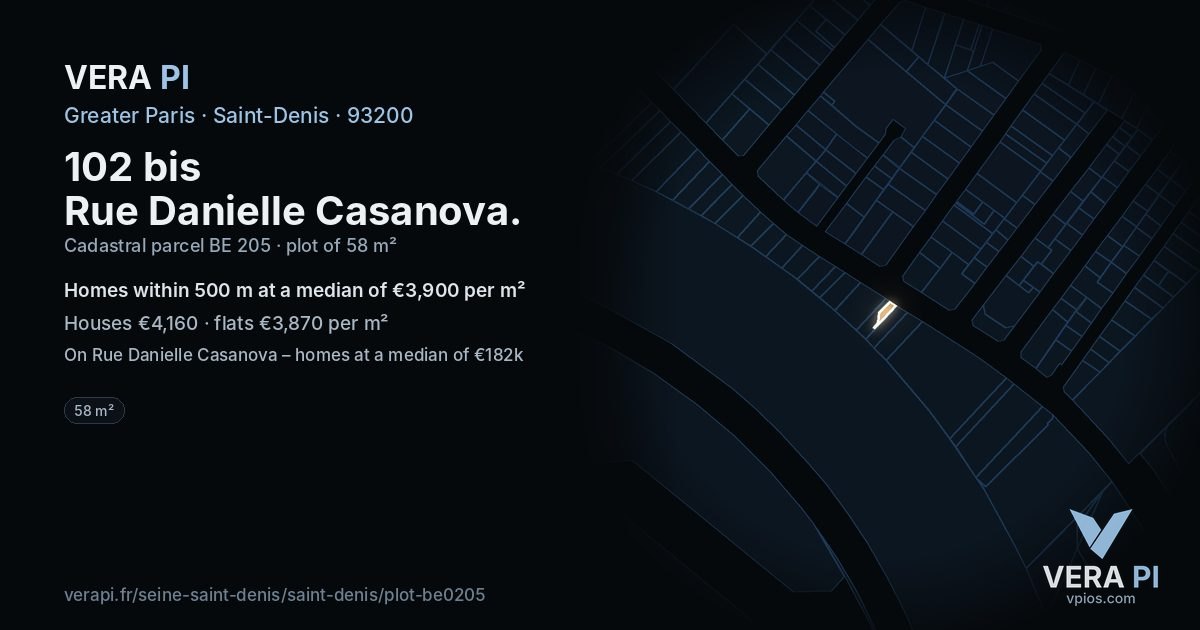 102 bis Rue Danielle Casanova, Saint-Denis at night – the plot lit, the parcels around coloured by the prices near them