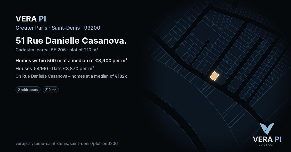 51 Rue Danielle Casanova, Saint-Denis at night – the plot lit, the parcels around coloured by the prices near them
