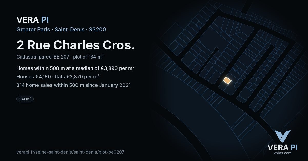 2 Rue Charles Cros, Saint-Denis at night – the plot lit, the parcels around coloured by the prices near them
