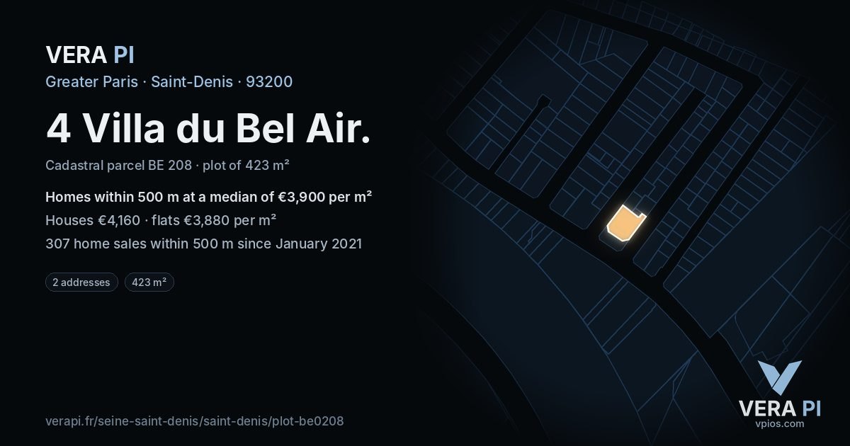 4 Villa du Bel Air, Saint-Denis at night – the plot lit, the parcels around coloured by the prices near them