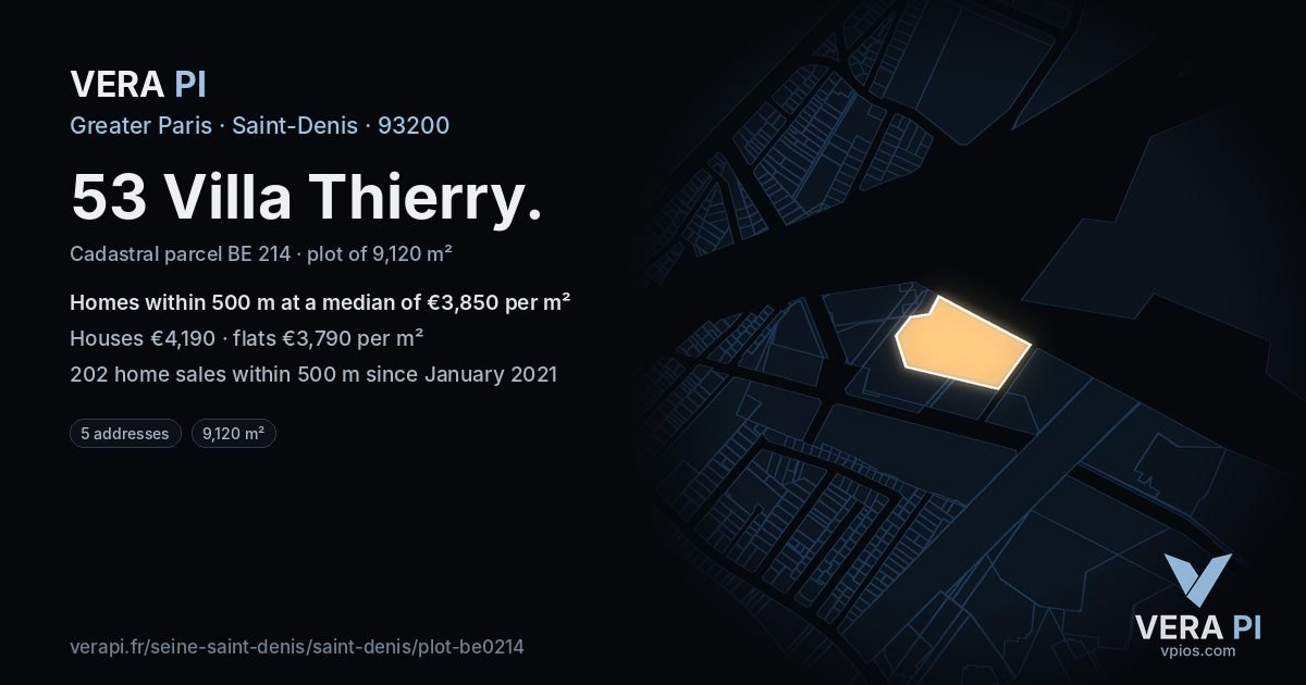 53 Villa Thierry, Saint-Denis at night – the plot lit, the parcels around coloured by the prices near them