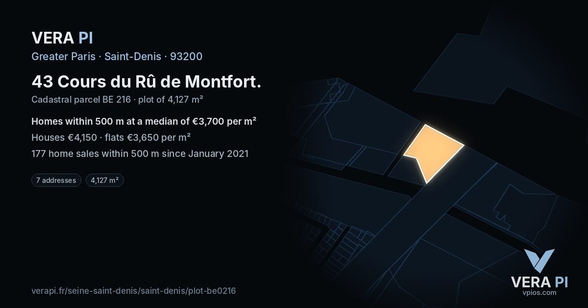 43 Cours du Rû de Montfort, Saint-Denis at night – the plot lit, the parcels around coloured by the prices near them
