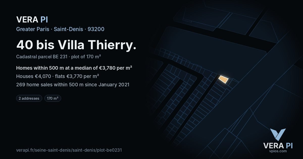 40 bis Villa Thierry, Saint-Denis at night – the plot lit, the parcels around coloured by the prices near them