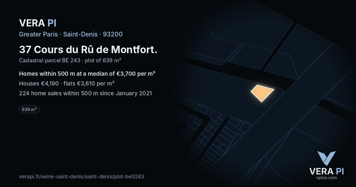 37 Cours du Rû de Montfort, Saint-Denis at night – the plot lit, the parcels around coloured by the prices near them