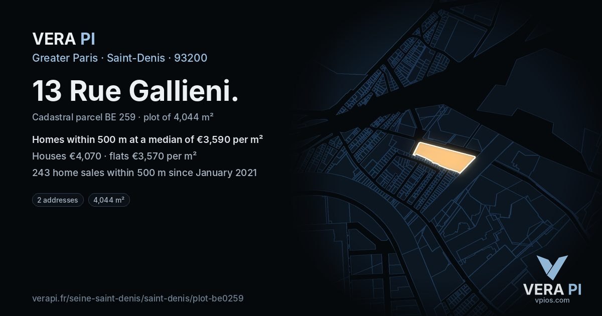 13 Rue Gallieni, Saint-Denis at night – the plot lit, the parcels around coloured by the prices near them