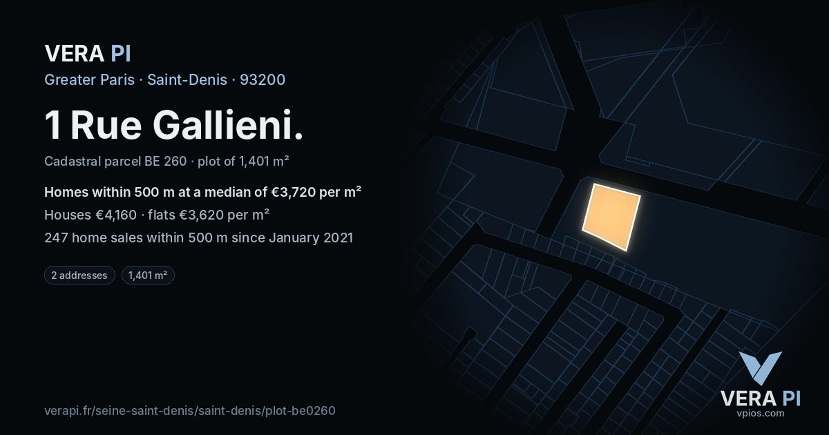 1 Rue Gallieni, Saint-Denis at night – the plot lit, the parcels around coloured by the prices near them