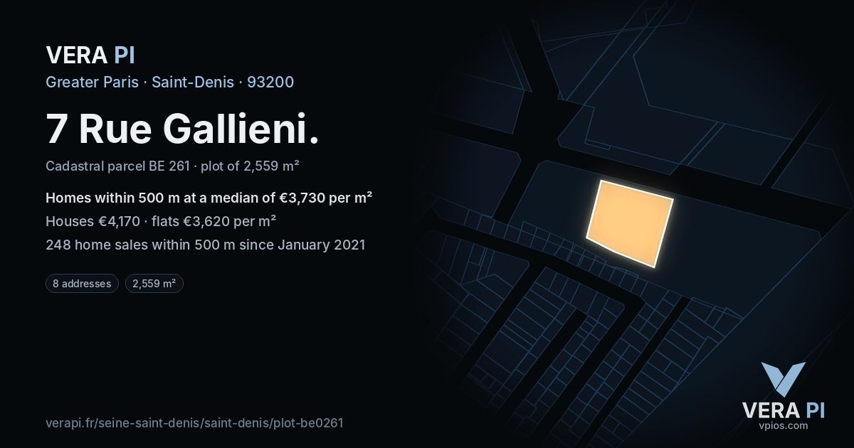 7 Rue Gallieni, Saint-Denis at night – the plot lit, the parcels around coloured by the prices near them