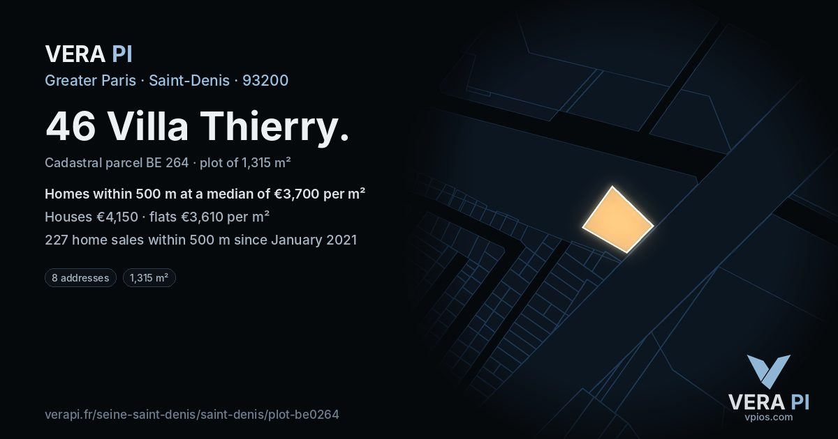 46 Villa Thierry, Saint-Denis at night – the plot lit, the parcels around coloured by the prices near them