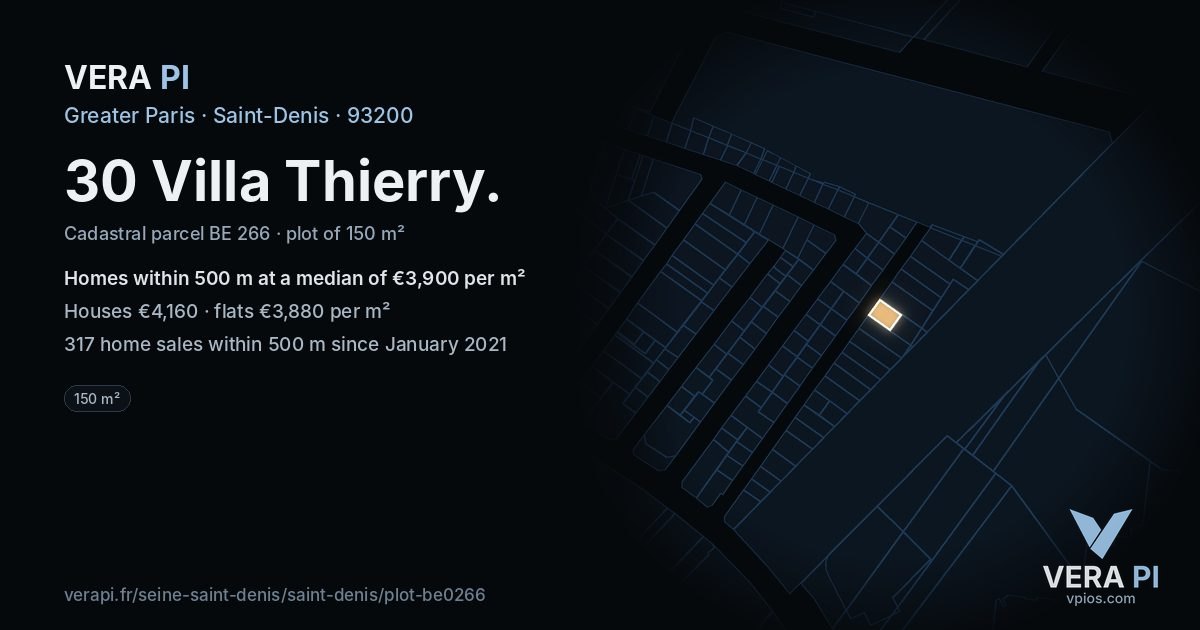 30 Villa Thierry, Saint-Denis at night – the plot lit, the parcels around coloured by the prices near them