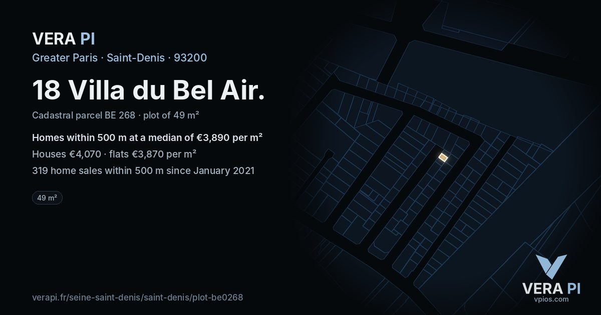 18 Villa du Bel Air, Saint-Denis at night – the plot lit, the parcels around coloured by the prices near them