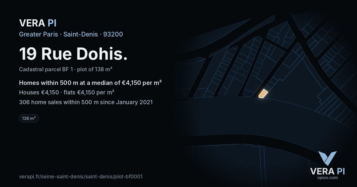 19 Rue Dohis, Saint-Denis at night – the plot lit, the parcels around coloured by the prices near them