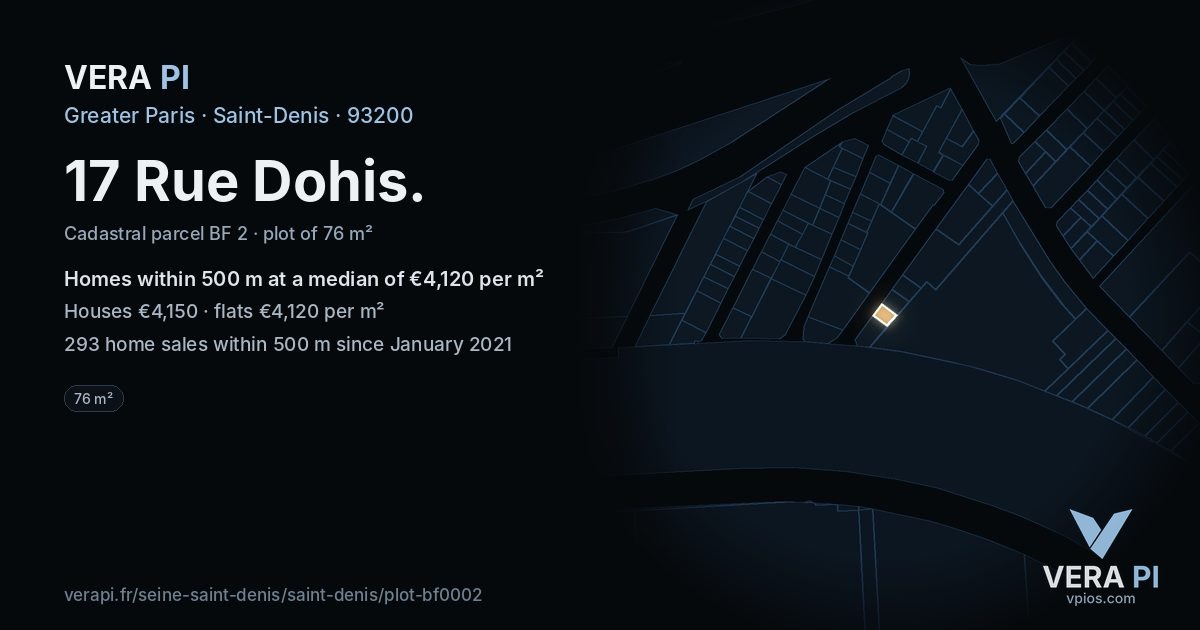 17 Rue Dohis, Saint-Denis at night – the plot lit, the parcels around coloured by the prices near them