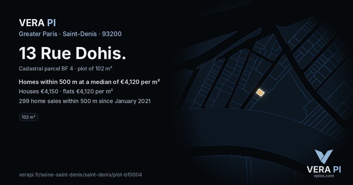 13 Rue Dohis, Saint-Denis at night – the plot lit, the parcels around coloured by the prices near them