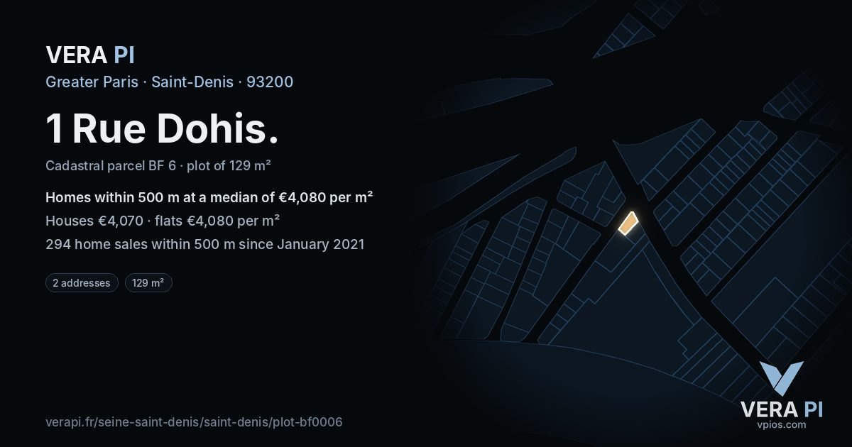 1 Rue Dohis, Saint-Denis at night – the plot lit, the parcels around coloured by the prices near them