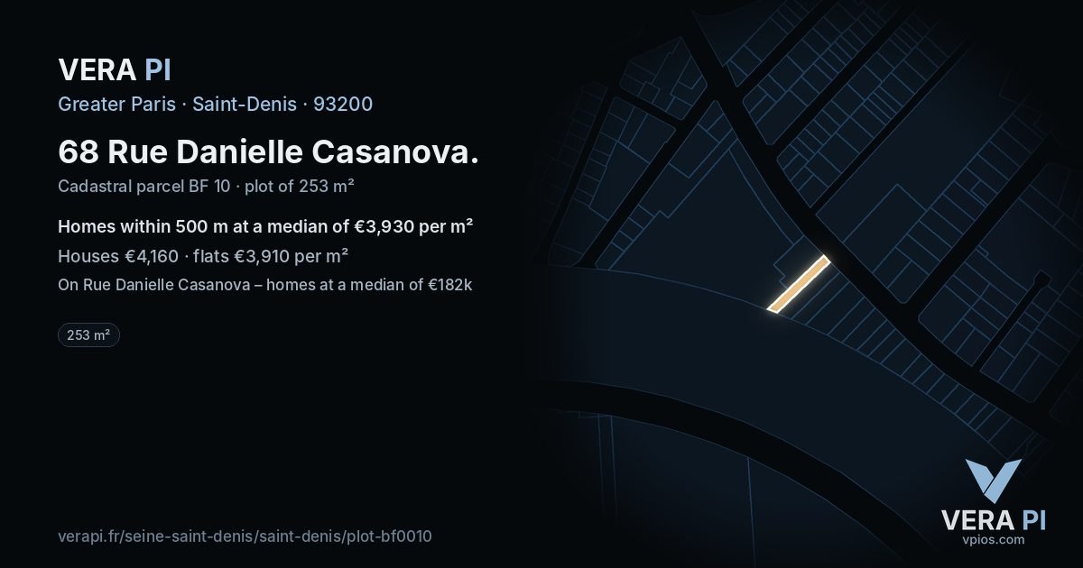 68 Rue Danielle Casanova, Saint-Denis at night – the plot lit, the parcels around coloured by the prices near them