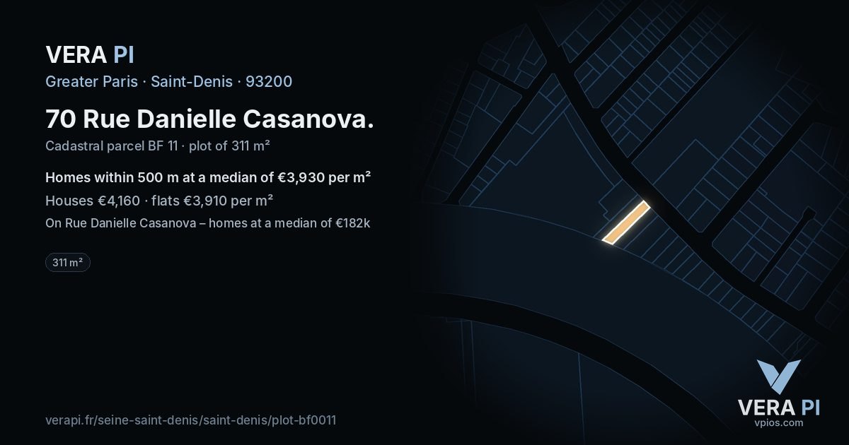 70 Rue Danielle Casanova, Saint-Denis at night – the plot lit, the parcels around coloured by the prices near them