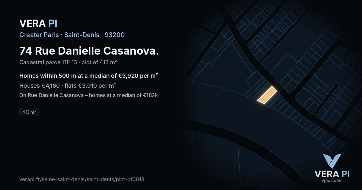 74 Rue Danielle Casanova, Saint-Denis at night – the plot lit, the parcels around coloured by the prices near them